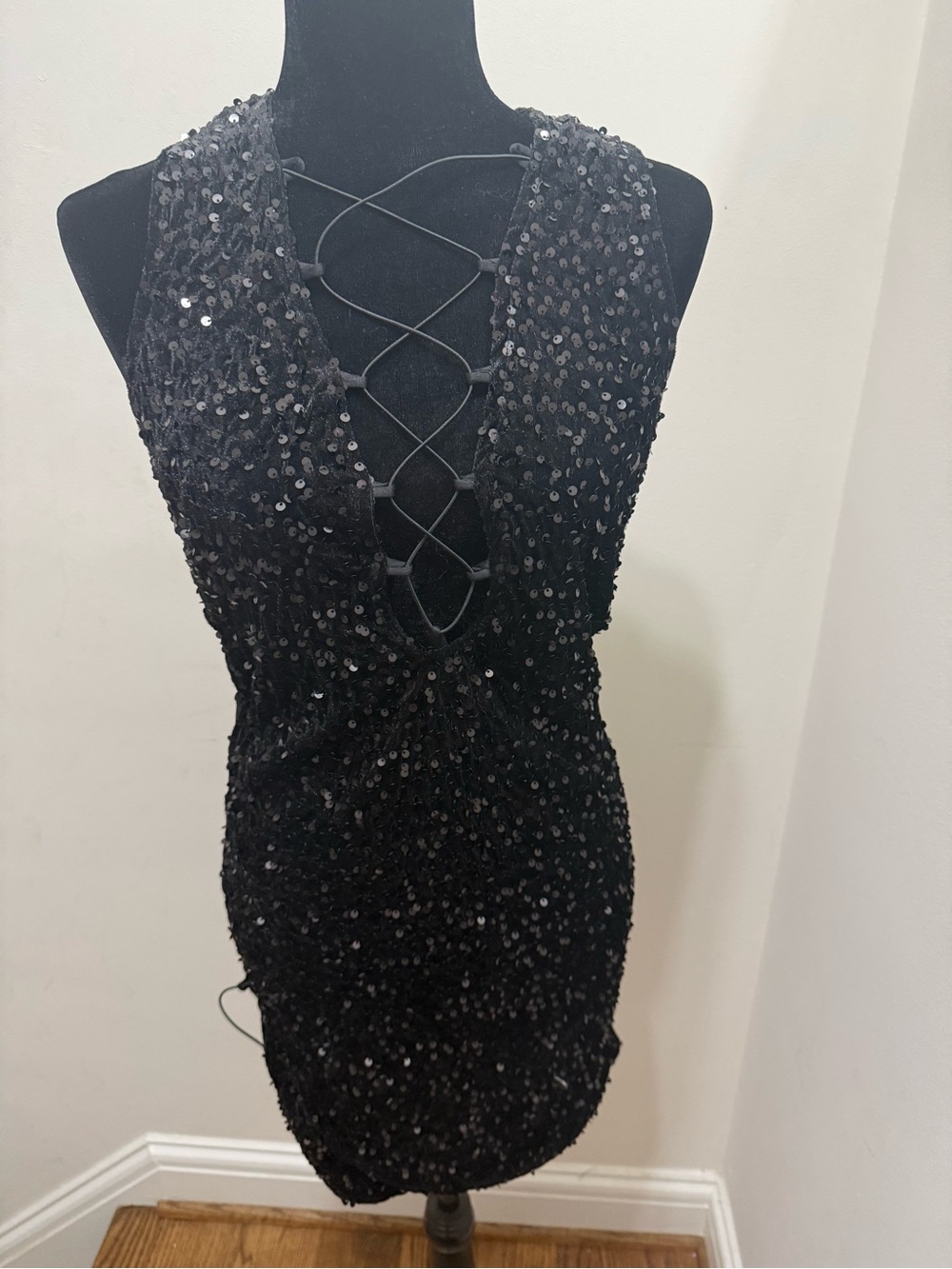 Fashion Nova Black Sequin Lace-Up Mini Dress